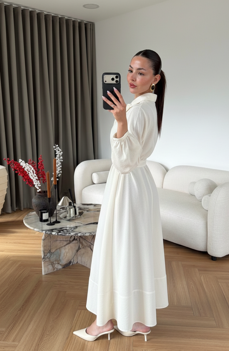 Ayşima Yaka Detaylı Elbise EKRU